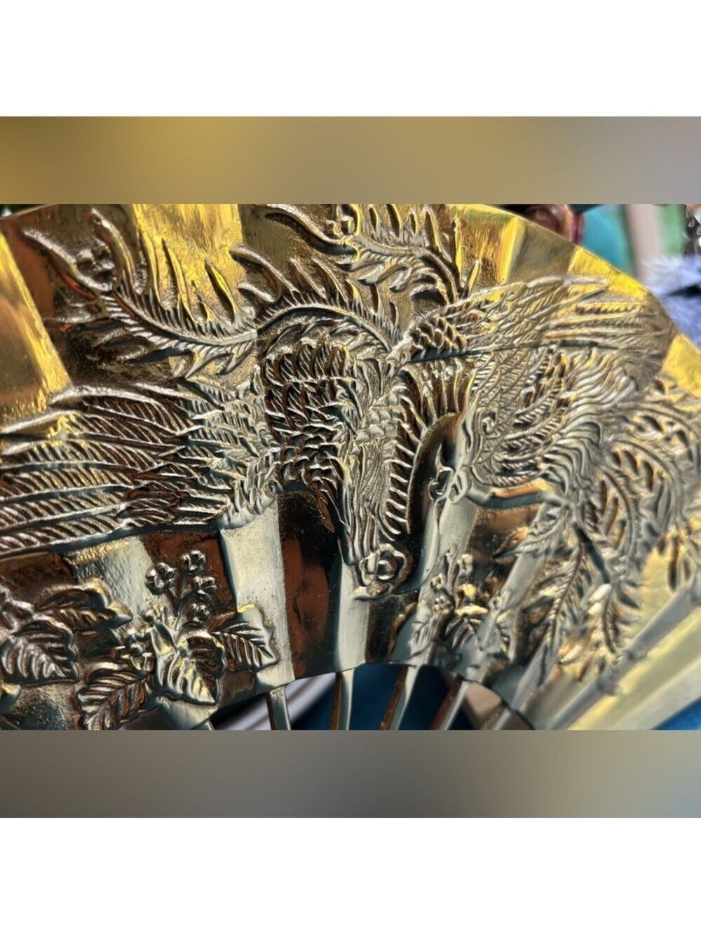 VINTAGE Taiwan ROC Gold Tone Phoenix Fan • Ornate Relief Art • Prosperity Decor - Picture 7 of 16